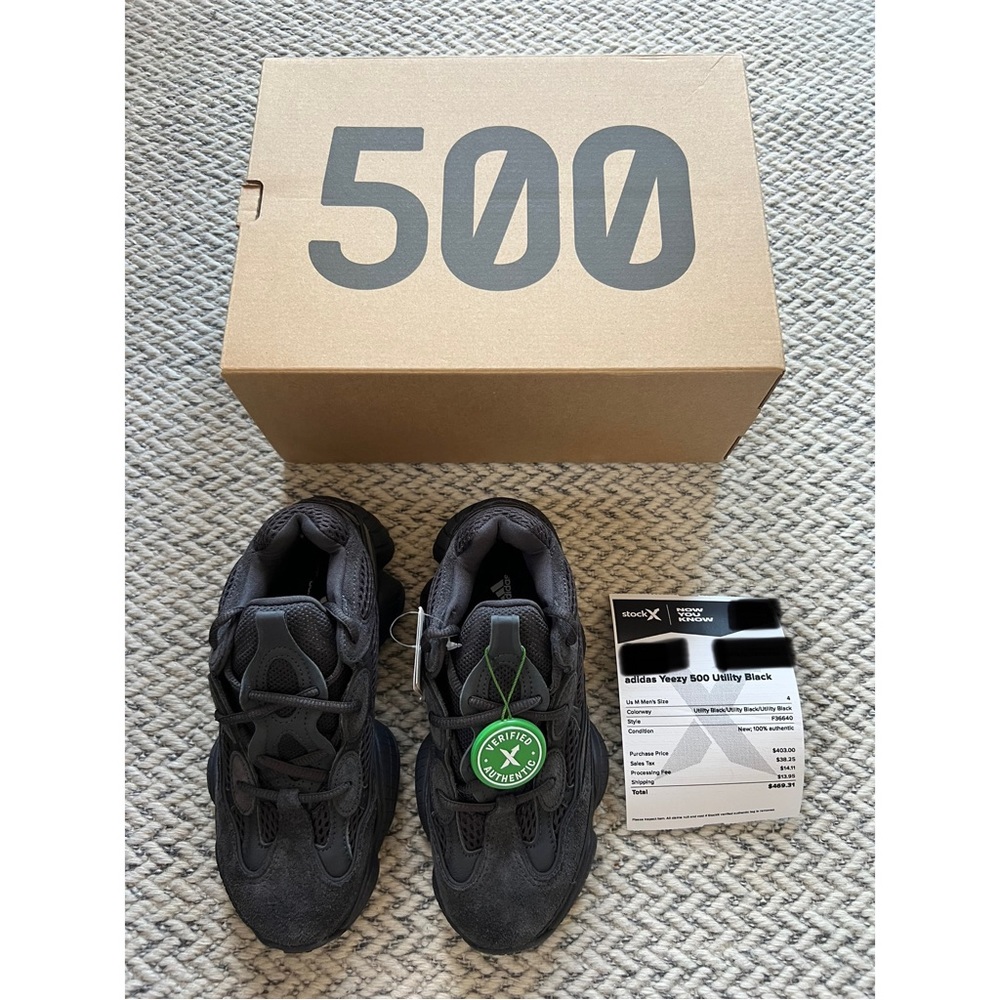 Adidas Yeezy 500 Utility Black Sneakers Size US 4 NEW With Box And Stock X Tags